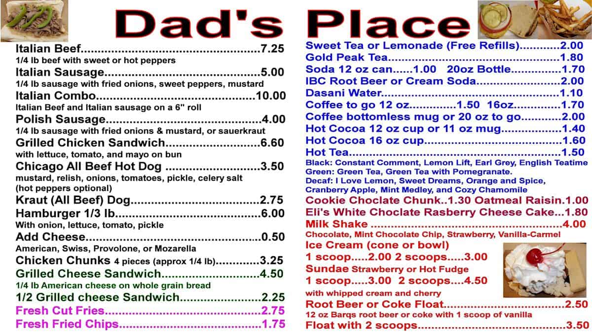 Dads Place Restaurant And Music Menu