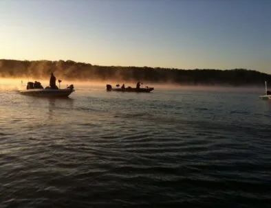 Fishing boats on the lake in the early morning