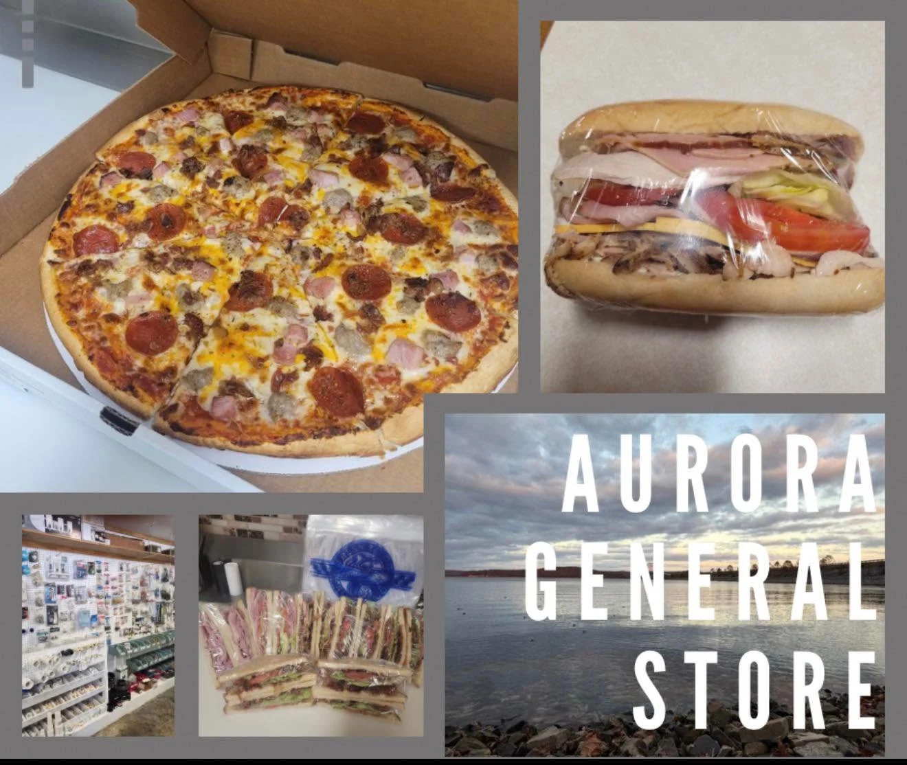 Aurora General Store collage showing pizza, sandwiches, store shelves and a waterfront scene