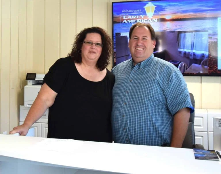 Shawn and Sarah welcoming guests from behind the motel’s front desk